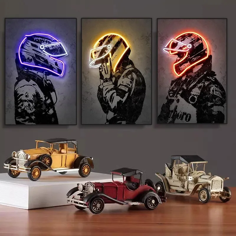 Moderný cool plagát nástenné umenie neónové motocyklové prilba jednoduché plagáty plátno