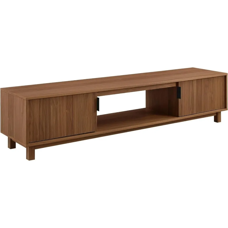 Moderný nízky stánok s dĺžkami pre televízory až do 65/80 palcov, 58/70 palca, čierny kovový hardvér, Mocha/Coastal Oak
