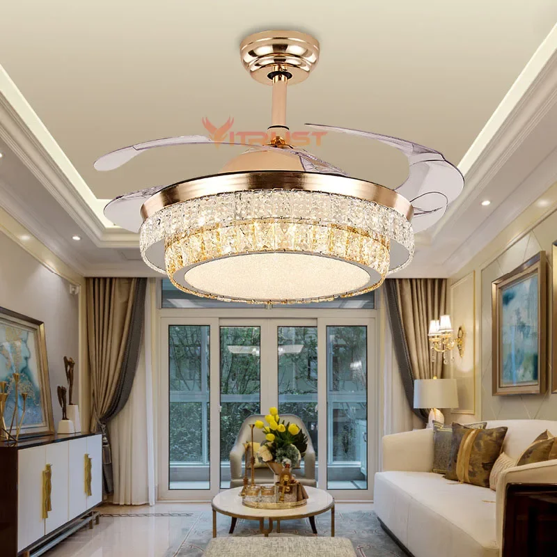 Moderný skladací stropný ventilátor Chrome Gold Crystal Lamp s ventilátorom neviditeľné diaľkové ovládanie jedáleň obývacia spálňa kuchyňa