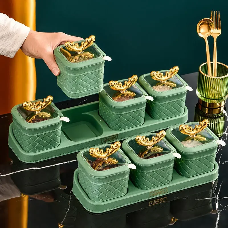 Moderný zlatý parohový plastový korenie Jar Kuchynská soľ Soľ Cukor Pepper Box Combo Set SPICE JAR Kuchynský náter na skladovanie potravín
