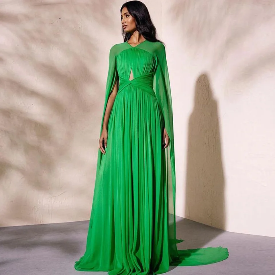 Modest zelený šifrovací šifónové večerné šaty Long Cape v krku Pleat Beach Dubaj Arabčina pre ženy prom župany Vestidos de Noche
