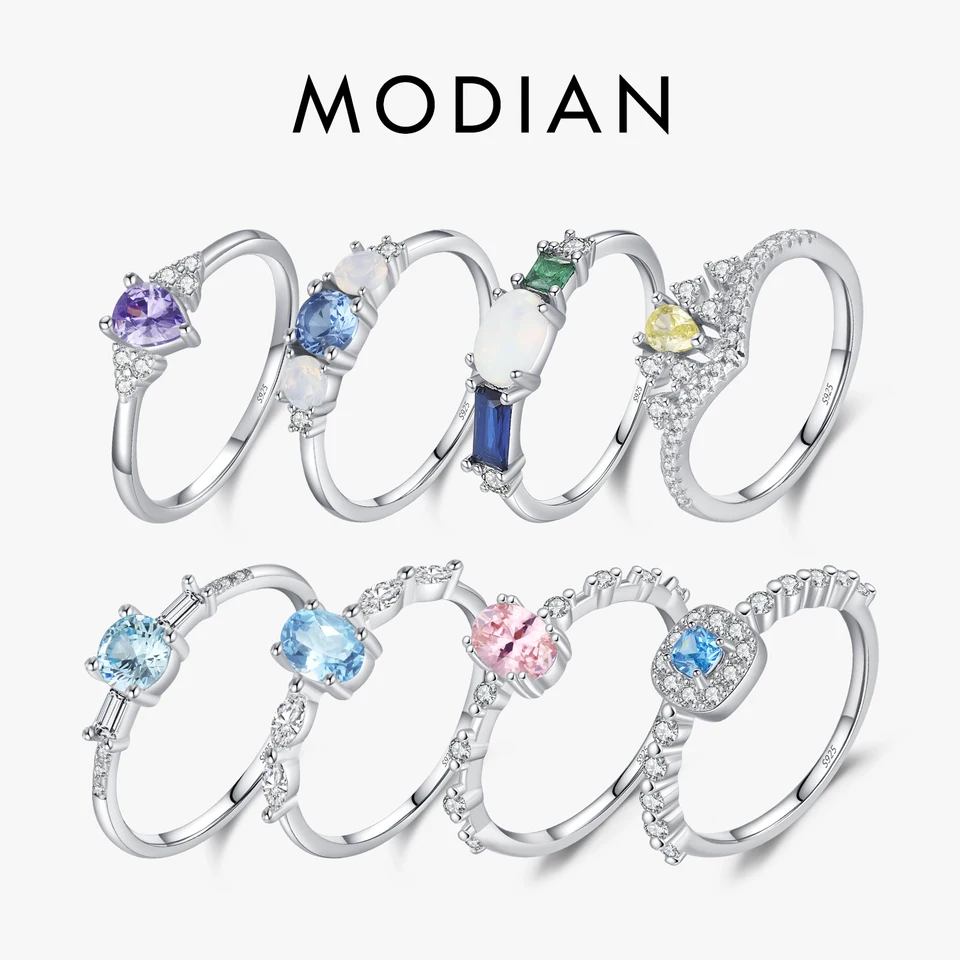 MODIAN 925 Sterling Silver Farebné CZ & OPAL Eternity Bands prsteňový prsteň módny stohovateľný dovolenka jemné šperky pre ženy darčeky