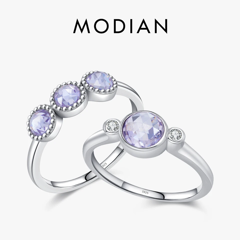 Modian 925 Sterling Silver Purple Rose Cut Round Zirkónia prsteň Kúby Asymetria Prstene pre ženy Darček s jemnými šperkami