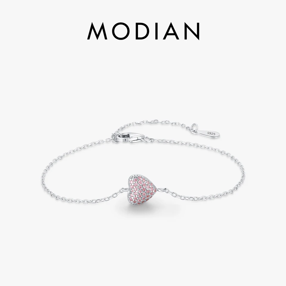 MODIAN 925 Sterling Silver Ružový zirkón Srdce nastaviteľná retiazka Náramok pre ženy