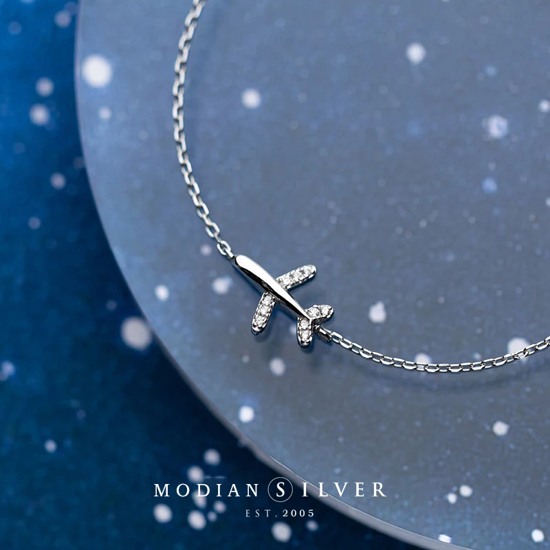 MODIAN FASHE 925 Sterling Sliver Luminous Cz Cute Mini Airplane Bracelet for Women Link retiazka Kórea Štýl jemných šperkov Bijoux