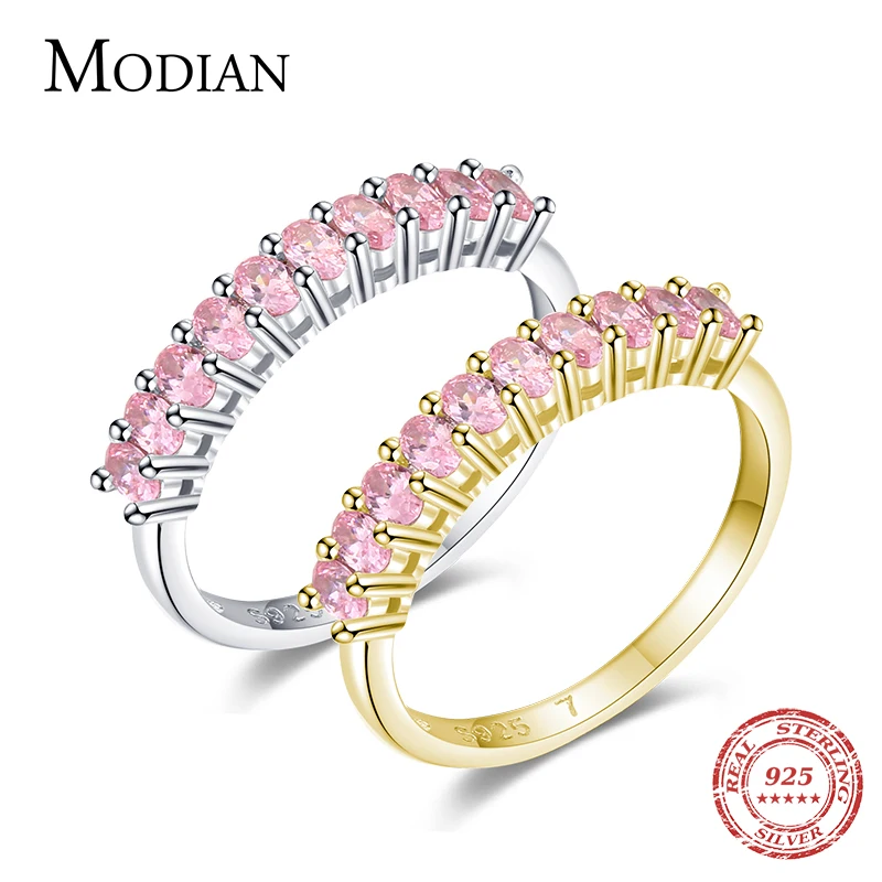 MODIAN RONGAN PINK KUBIC Zirkónia prsteň Real 925 Sterling Silver Luxus Luxury Oslnivý prsteň prstov pre ženy Svadobné šperky Anel