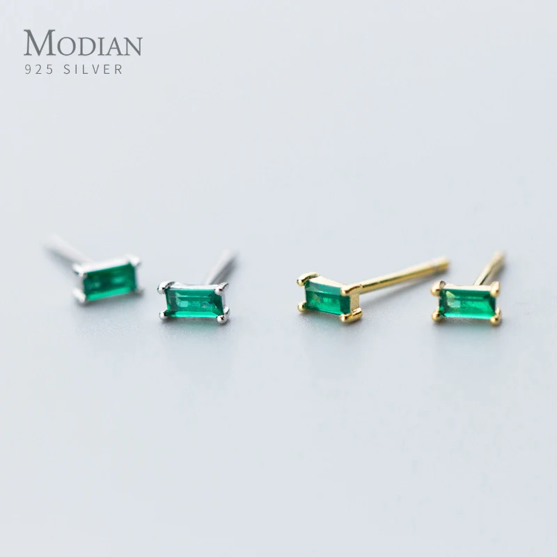 Modián striebra Malé drobné zelené zirkónové náušnice 100% 925 Sterling Silver Emerald Cut Crystal Comps Ear pre ženy šperky