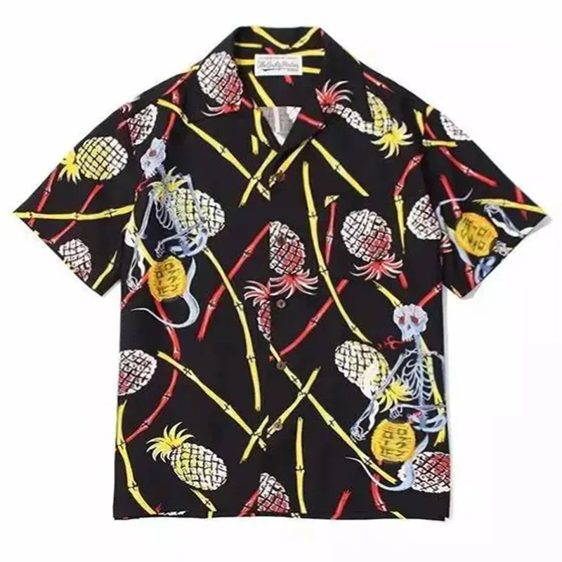 Modrá biela čierna wacko maria 18ss tenkoku Tokyo Summer Retro Full tlat Pineapple Hawaiian košeľa s krátkym rukávom