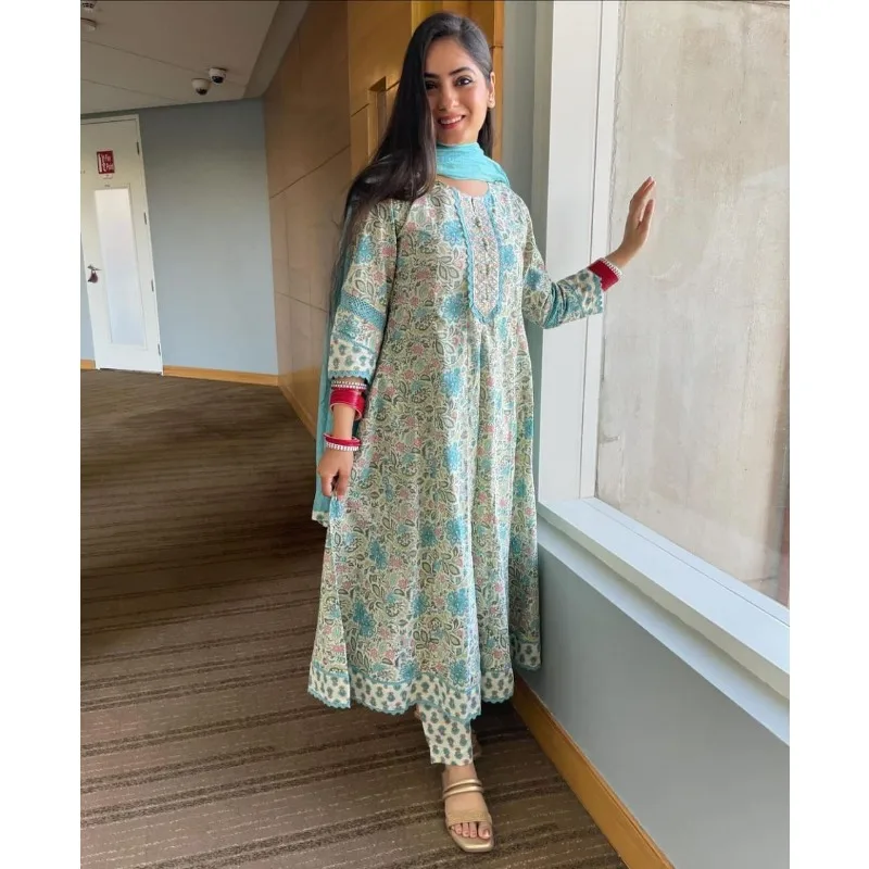 Modrá farba tlačená kurta palazzo s dupatta set žien salwar kameez oblek kurti