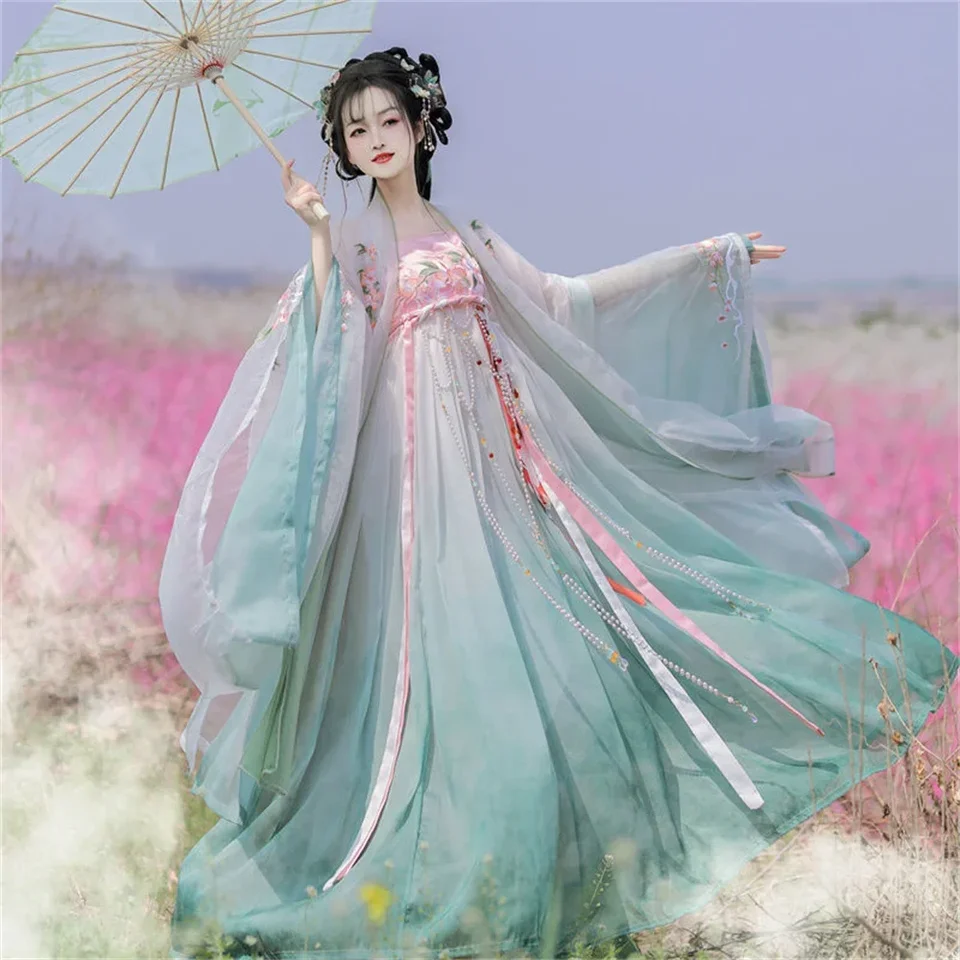 Modrá luxusná žena Hanfu Vysoko kvalitná výšivka Čínsky tradičný štýl Tang Dynasty leto s veľkým rukávom košeľa Roadshow