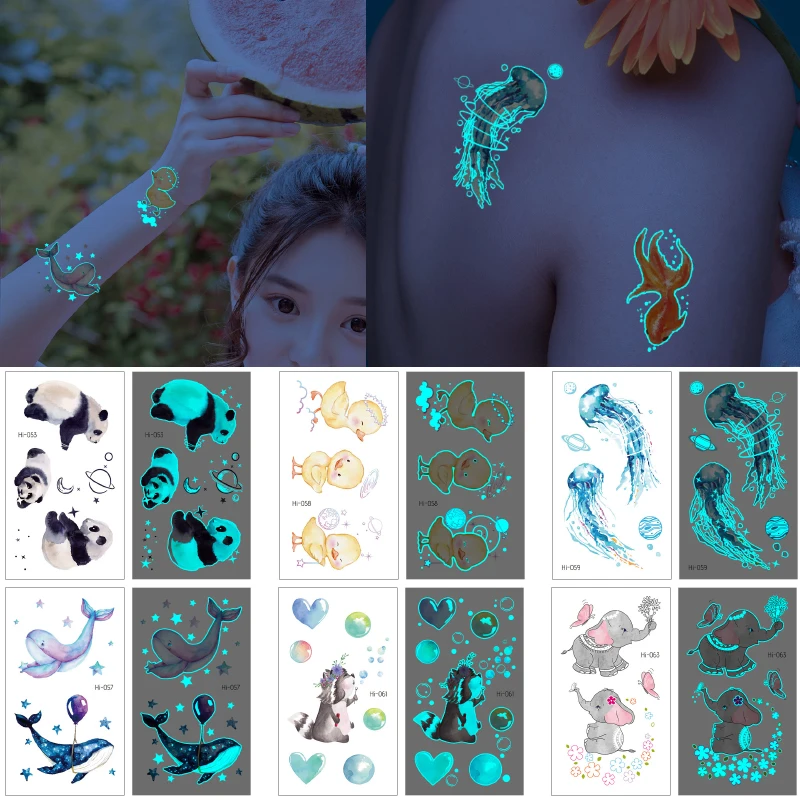 Modrá žiariaca veverička Panda Dočasné tetovanie Tetovanie Roztomilé zvieratá Tetovanie tela Art Luminous Tattoo Wolf Snake Fake Tatto For Boy