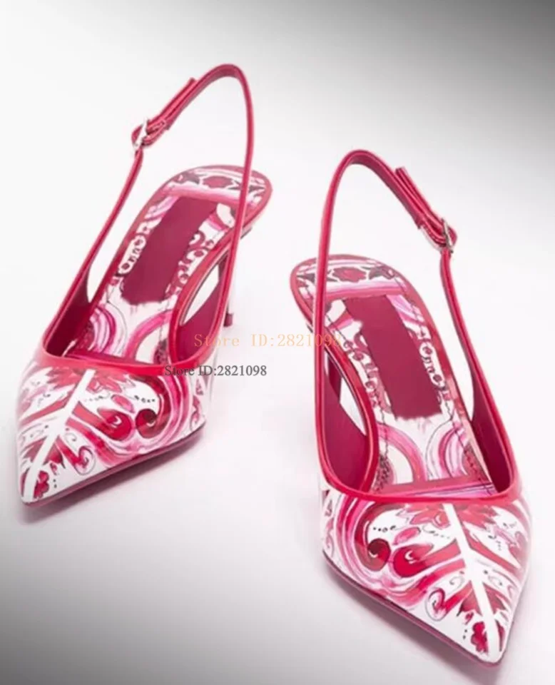 Modré a biele porcelán 6 cm tenké päty päty vysoké päty topánky Ženy Slingback špicaté špičky na špičke Tlačené párty topánky