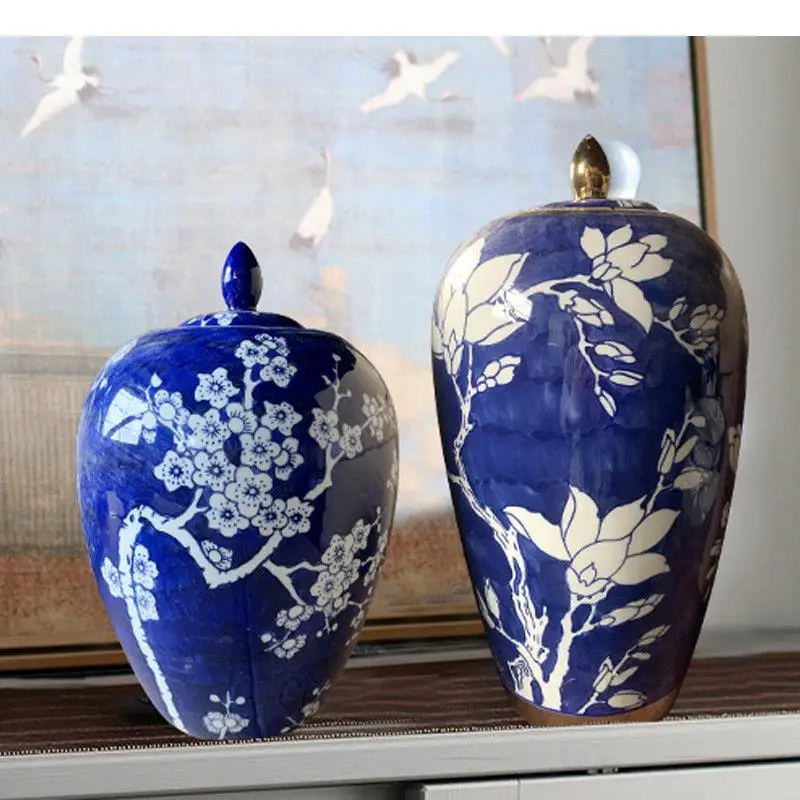 Modré a biele porcelánové úložisko Jar zázvorové poháre keramická váza stolné ornamenty kvetinové vzory šperky kozmetická nádoba