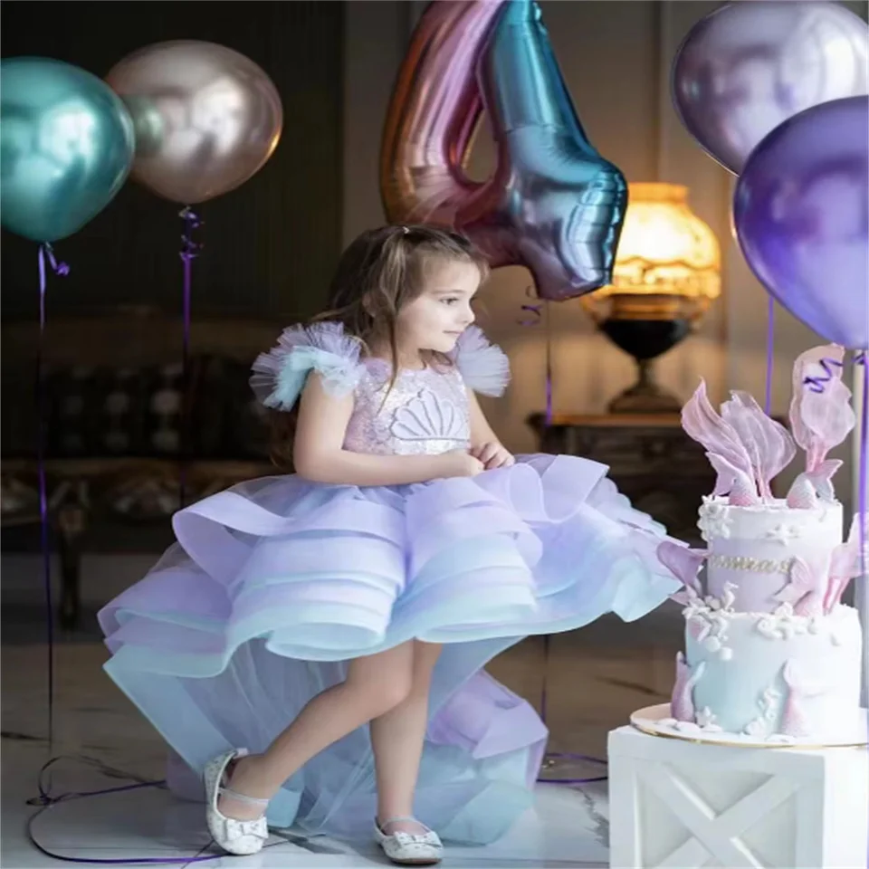 Modré a fialové vrstvené kvetinové dievčatá Šaty na svadobné perly flitry Ruffles Mermaid Kids Birthday Party Prvé prijímanie