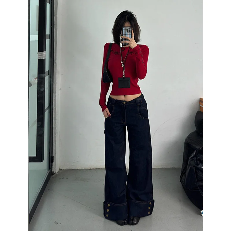 Modré džínsy Ženy y2k hip hop móda Vintage s vysokým pásom nákladné džínsy Streetwear Príležitostné voľné vrecká dievča široké džínsové nohavice