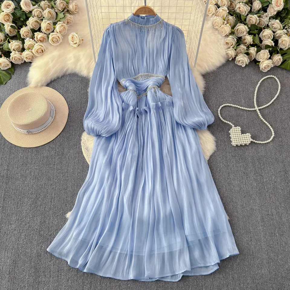 Modré hodvábne šaty šaty Bodycon Diamonds Tassel Elegantné večerné šaty s dlhým rukávom O-krk luxusný dizajn Vestidos