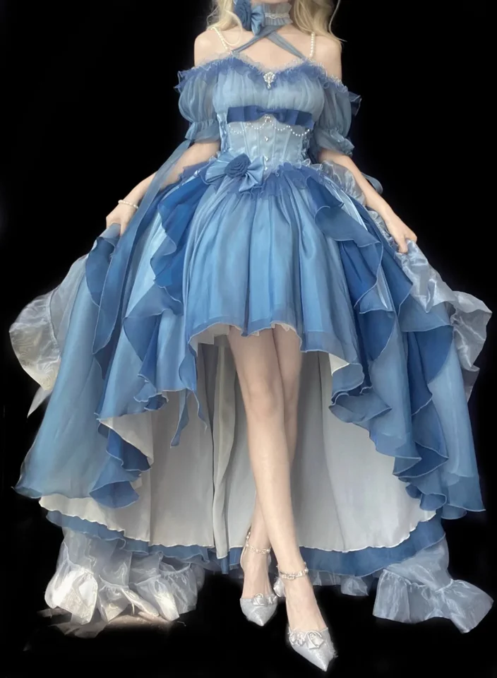 Modré kvetinové svadobné šaty cos lolita šaty OP šaty lolita Ťažký priemysel Trail Puffy Princess Chays, Rose Bow Lolita Cosplay