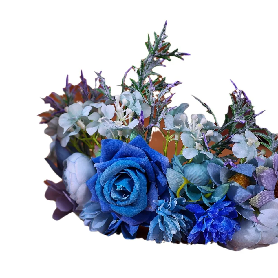 Modré ružové vlasové čiapky Ženy rozprávkové kvetiny girlandy elegantné Bridaid Foto Shoot jar letné večierok fascinátor poklesy hlavy Koruna