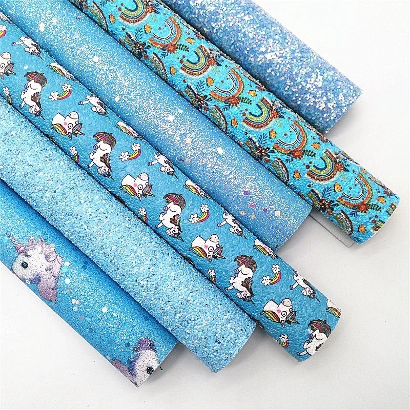 Modré trblietavé kožené plachty Rainbow Unicorns Custom Glitter Leather Lisets Iridescent Glitter for Craft 8.2 