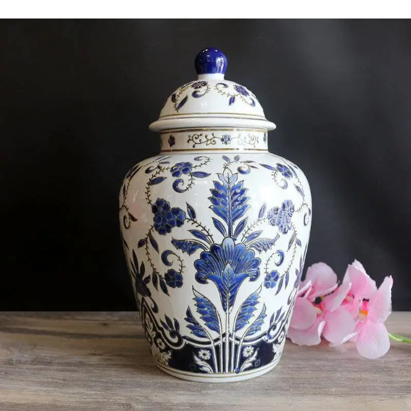 Modrý a biely porcelánový kvet Všeobecný keramický zázvorový pohár Váza stolné kvetiny Skladovanie kozmetickej nádoby
