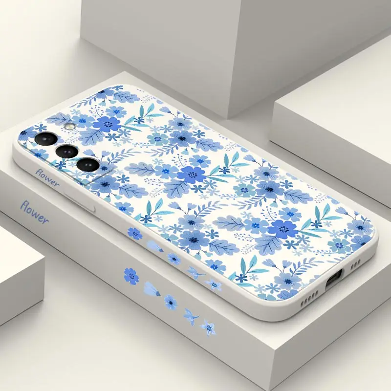 Modrý kvetinový silikónový puzdro pre Samsung Galaxy S23 S22 S21 S20 S23FE S21FE S22 Plus S23 Plus S23 Ultra S10 POZNÁMKA 20 10