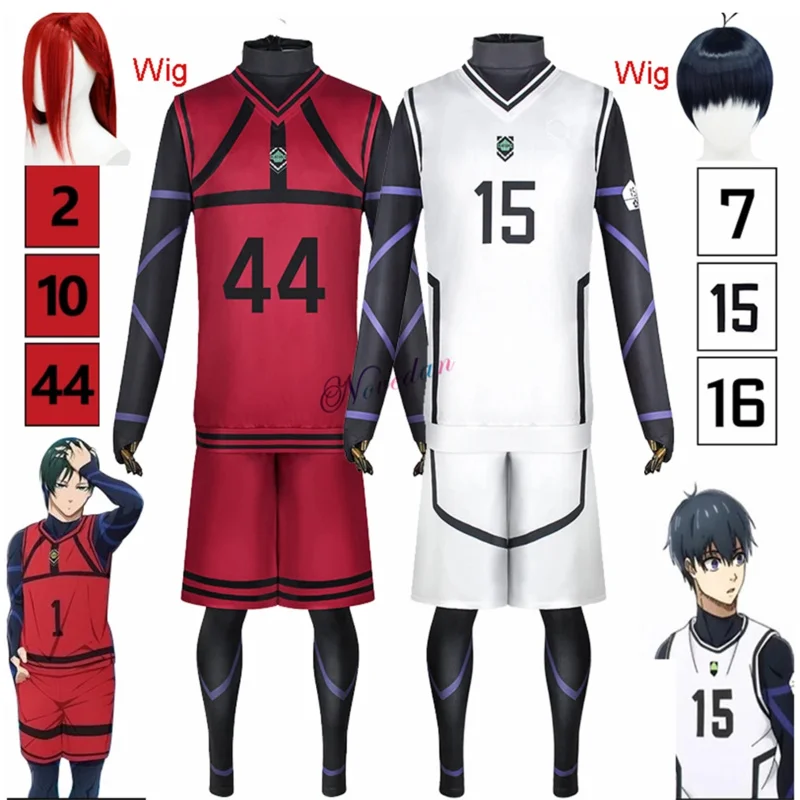 Modrý zámok anime cosplay kostým parochňa bachira chigiri isagi nagi rin kunigami biely červený futbalový klub Uniforma ružová sieť