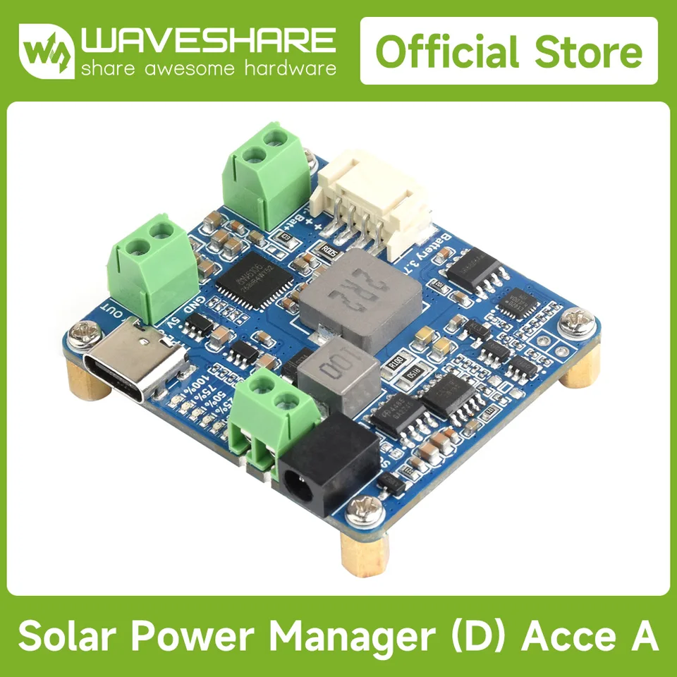 Modul Solar Power Manager WaveShare Solar (D), podporuje solárny panel 6V ~ 24V a napájací adaptér typu C, 5V/3A, pre Raspberry Pi/Arduino
