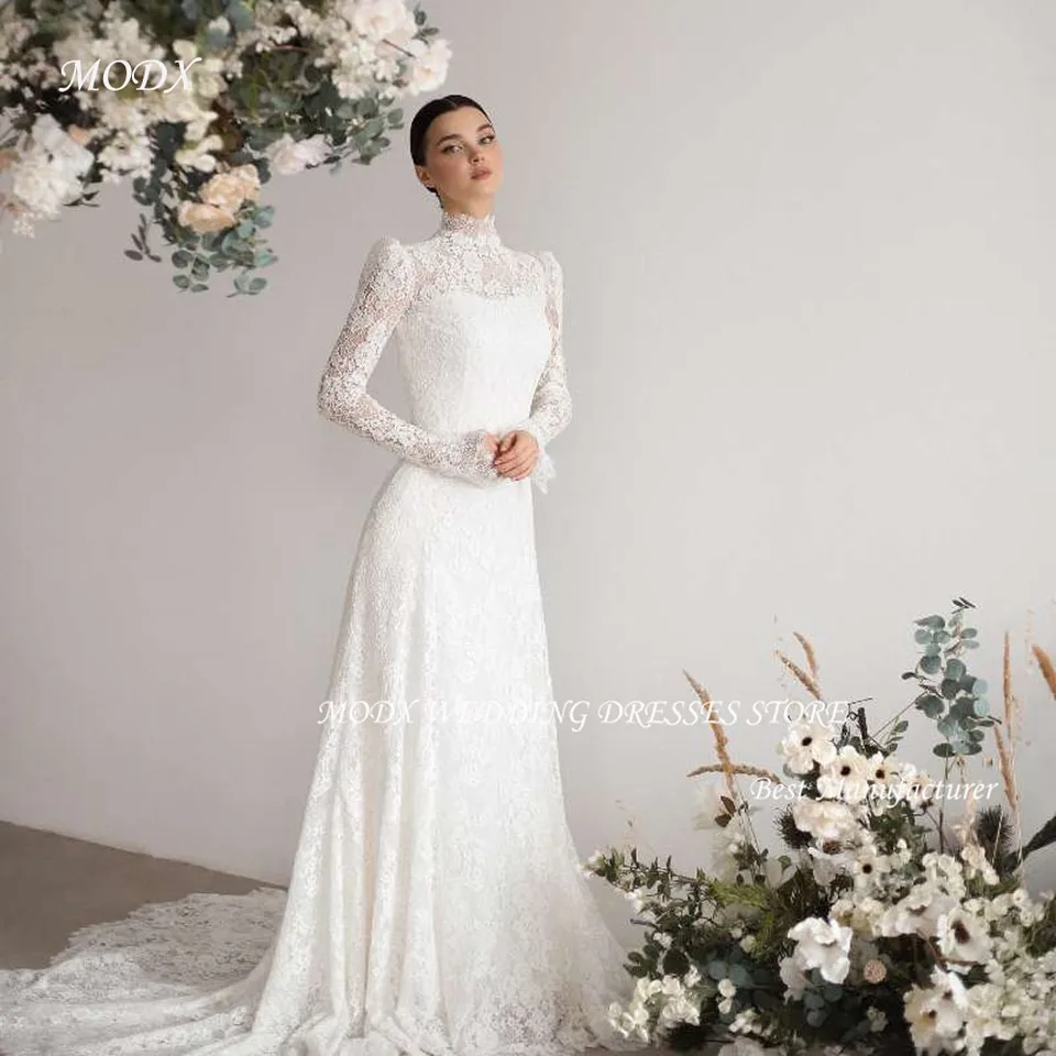 Modx Modest High Crck dlhé rukávy Plné čipky A Line Svadobné šaty Dubaj Arabské ženy zametajú vlak Svadobné šaty Vestido de Noiva