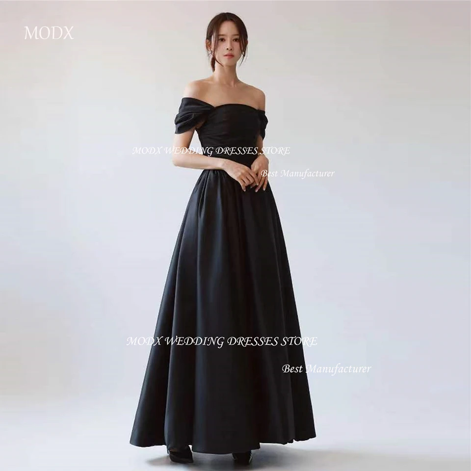 Modx Simple Black Satin Evening Party Dresses Kórea Svadobné fotenie z ramena Pleat A-Line Dries Dress Dress Dress