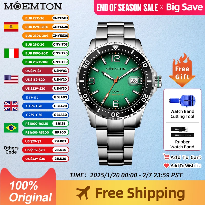 Moemton Original Men's Mechanical Watch Sapphire Glass Watch 10bar 100 metrov vodotesný športový potápač