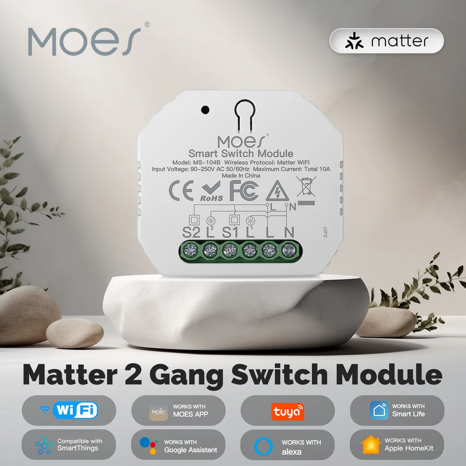 Moes Tuya Matter WiFi Switch Modul 2 Gang Smart Automation Relay Timer App Diaľkové ovládanie Práca s Alexa Google Home Apple