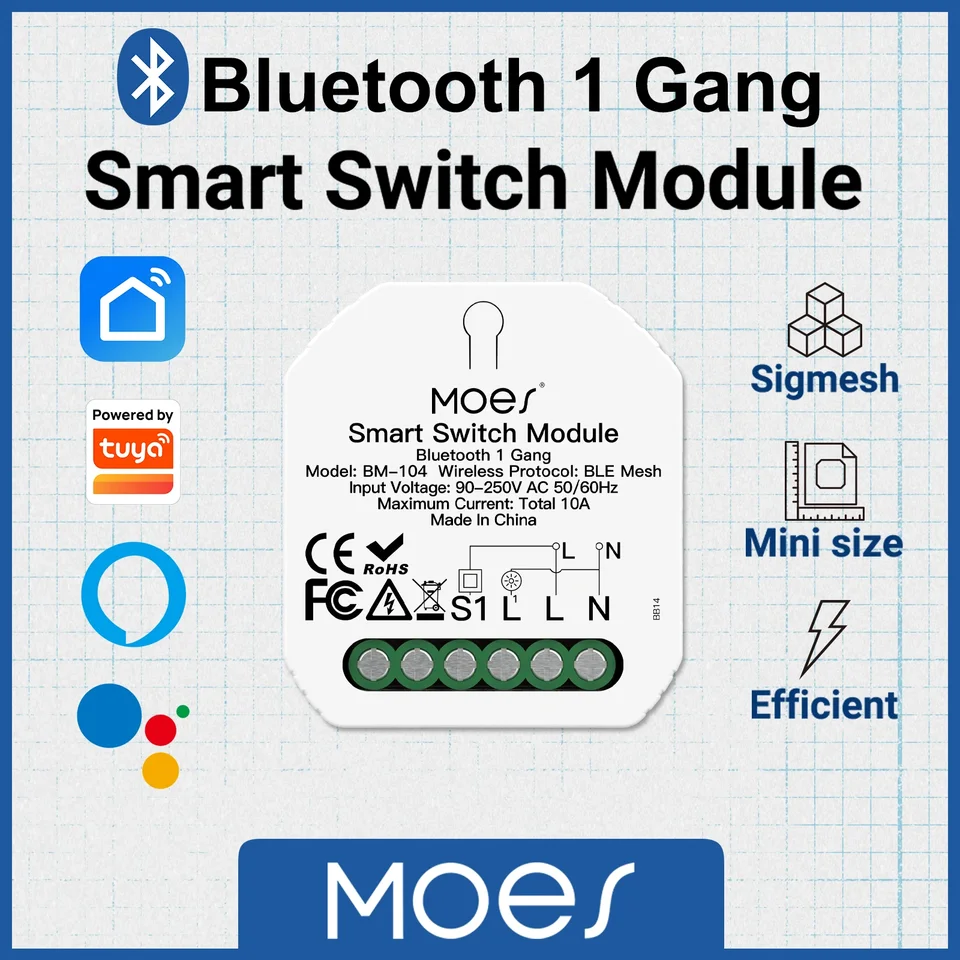 MOES TUYA SMART Bluetooth 1GANG/2 MODUL GANG MODULE DIY Light Breaker Smart Life App Control, pracujte s Alexa Google Home, 1/2way