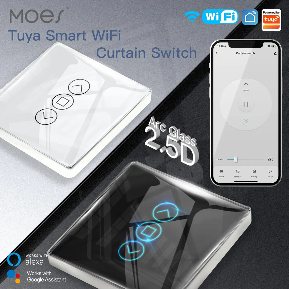 MOES TUYA WIFI RF433 2.5D ARC Curtain Switch Sklenený dotykový panel pre rolové žalúzie SKLADOVANIE SMING APP Wireless Remote Alexa