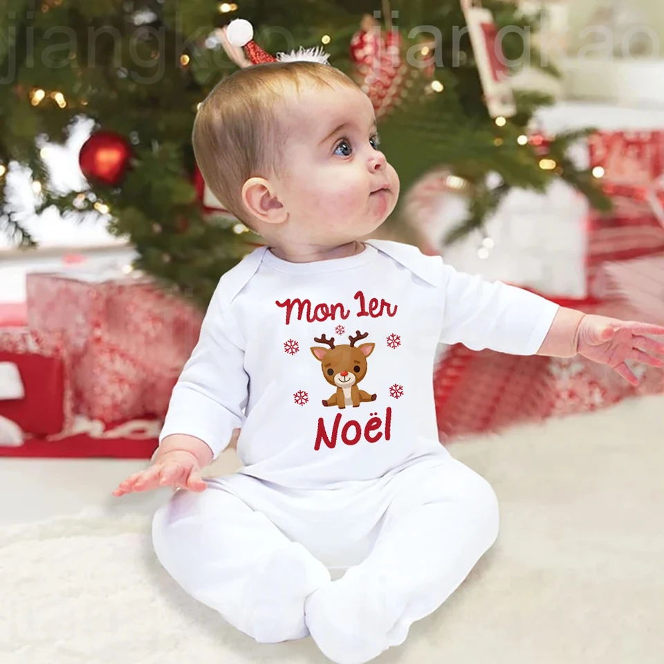 Moje 1. vianočné francúzske tlačené dieťa Sleepsuit BodySuit Novonarodené dieťa vianočné oblečenie kombinézy s dovolenkou s dlhým rukávom Romper s dlhým rukávom