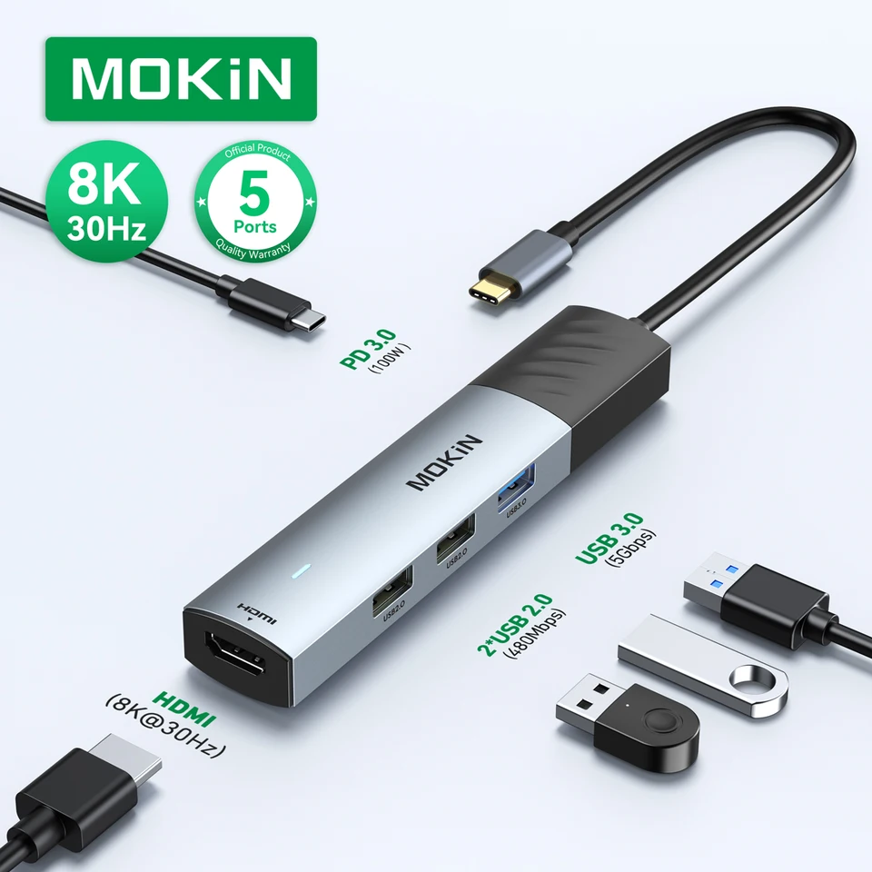 MOKIN 5-v-1 USB HUB USB-C MULTORT HUB adaptér s 8K30Hz HDMI 5 GBPS USB3.0 100W PD3.0 pre MacBook Pro/Air iPad PC NAPOPTOP