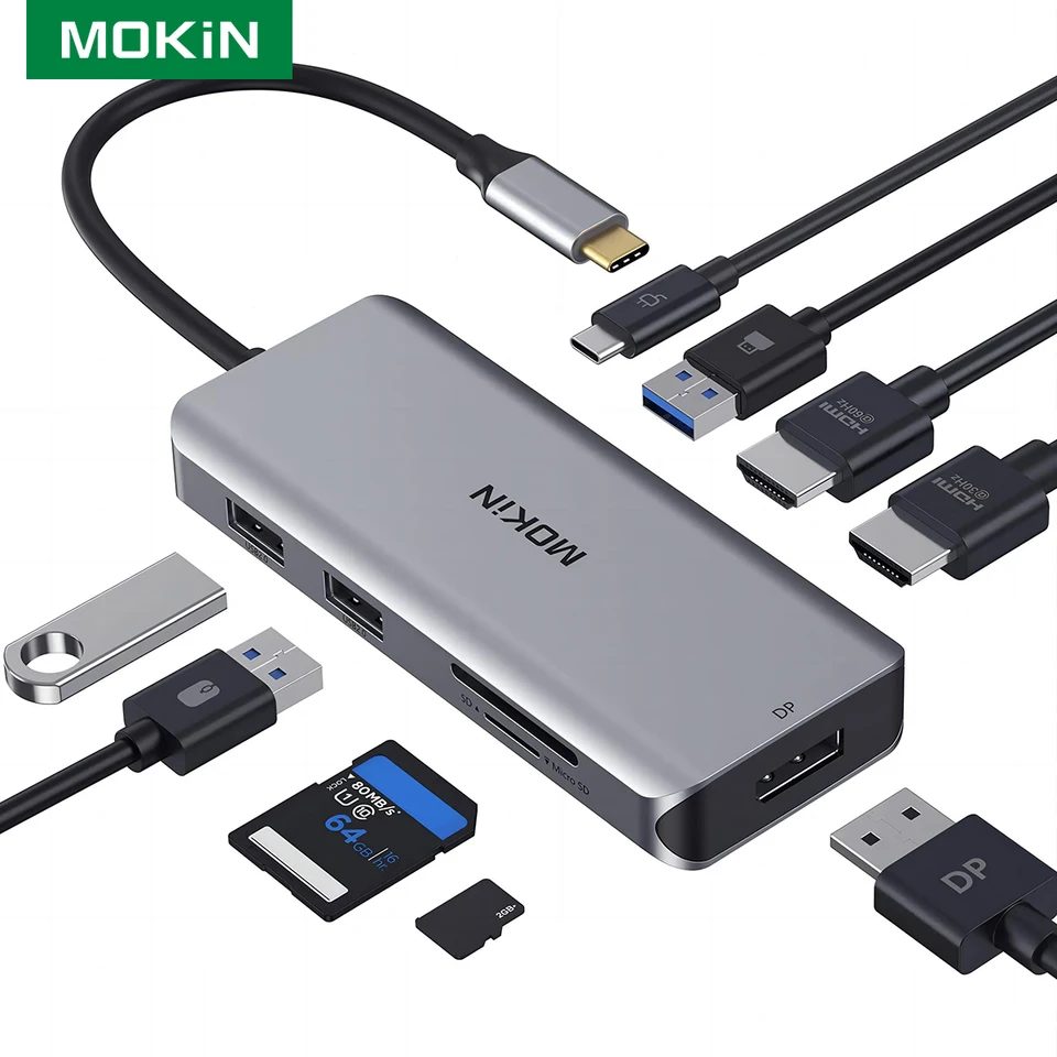 Mokin Docking Station USB C Hub Adapter Triple Display Multiport so 4K HDMI Displayport 3 USB 100W PD SD/TF Card pre MacBook