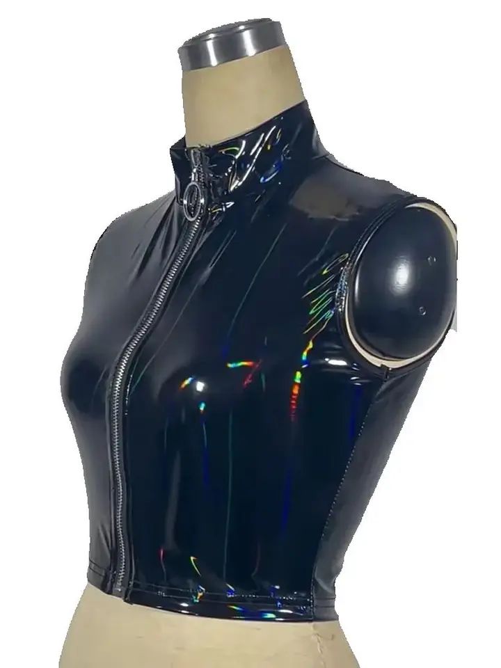 Mokrý vzhľad PVC bez rukávov, plodiny, vrcholy lesklé kožené plodiny, bustie zips zips, horná vesta Camis pančucháče sexy clubwear telo telo