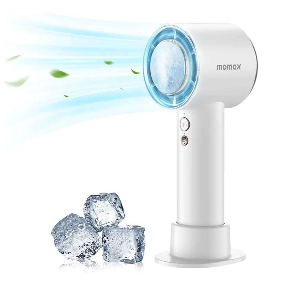 Momax ručný malý ventilátor polovodičový chladiaci podložku prenosné prenosné nabíjateľné so základňou pre kemping v kancelárii