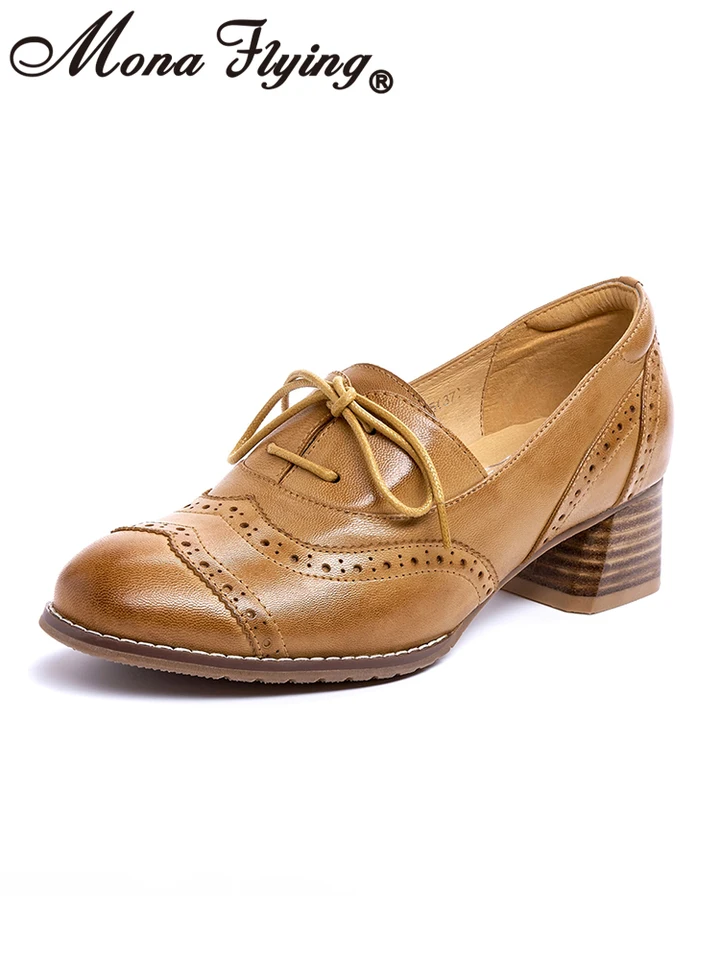 Mona Flying Dámska originálna koža Oxford High podpätky krídla Lace Up Dress Pumps Dámy pracovné päty topánky K058-13