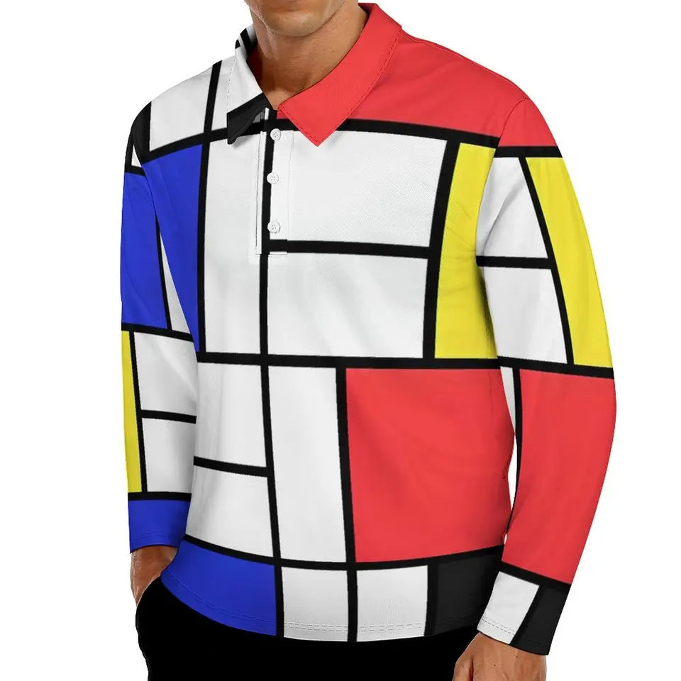 Mondriánske neformálne tričká Mužský šachovňa tlač s dlhým rukávom Polo košele Otočte golier Cool Autumn Graphic tričko 3xl 4xl 5xl