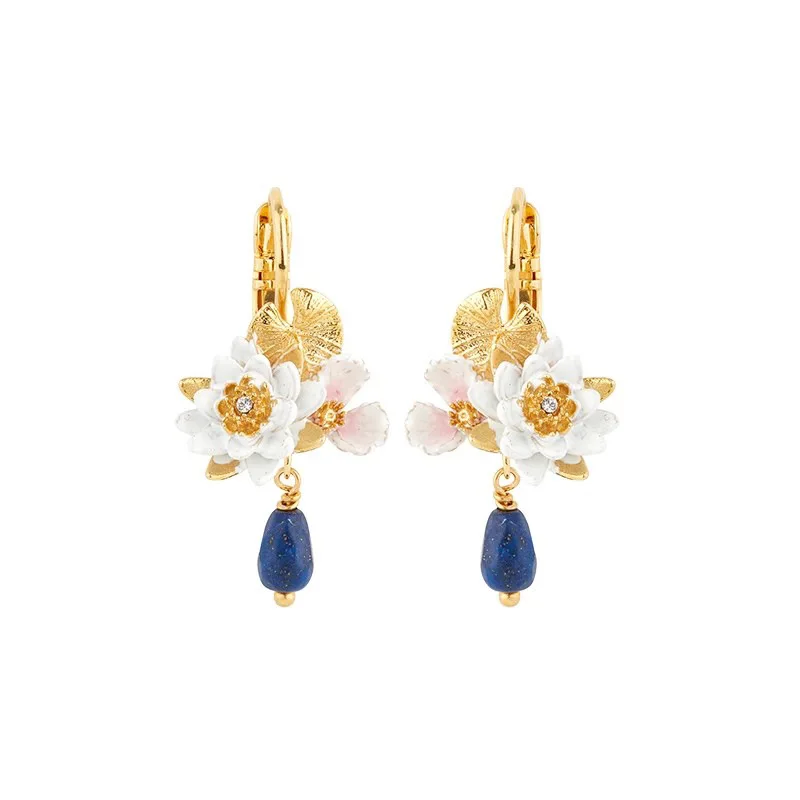 Monet Garden Retro Ear Clip náušnice sklovina biela voda Lily Iolite náušnice módny dizajn kvetiny Ženy