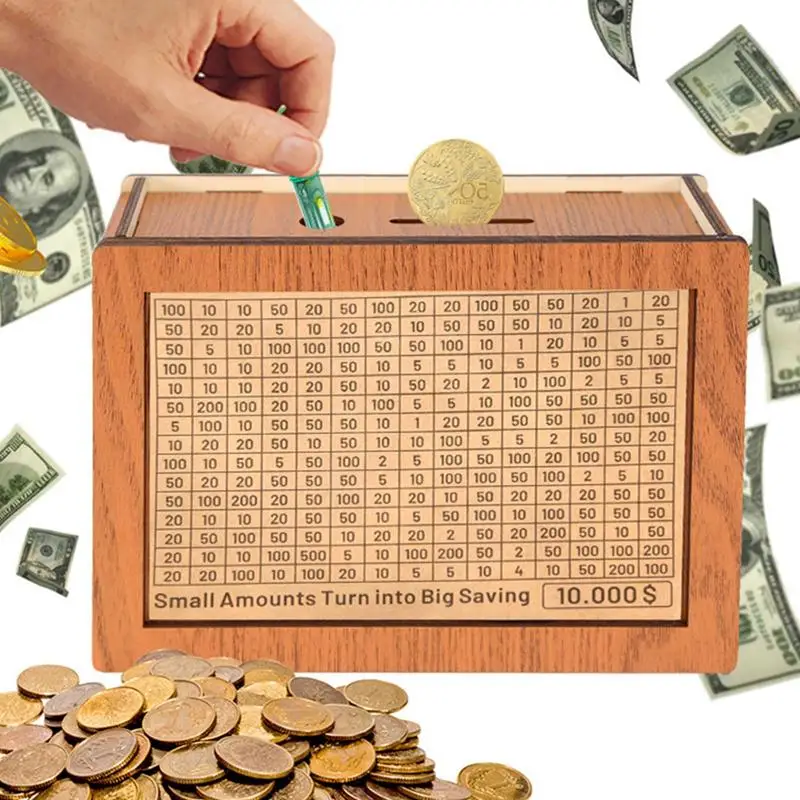 Money Box Wooden Piggy Bank Kontajner opakovane použiteľný na puzdro na šetrenie peňazí s 8 nálepkami pomáha zvykom šetriť