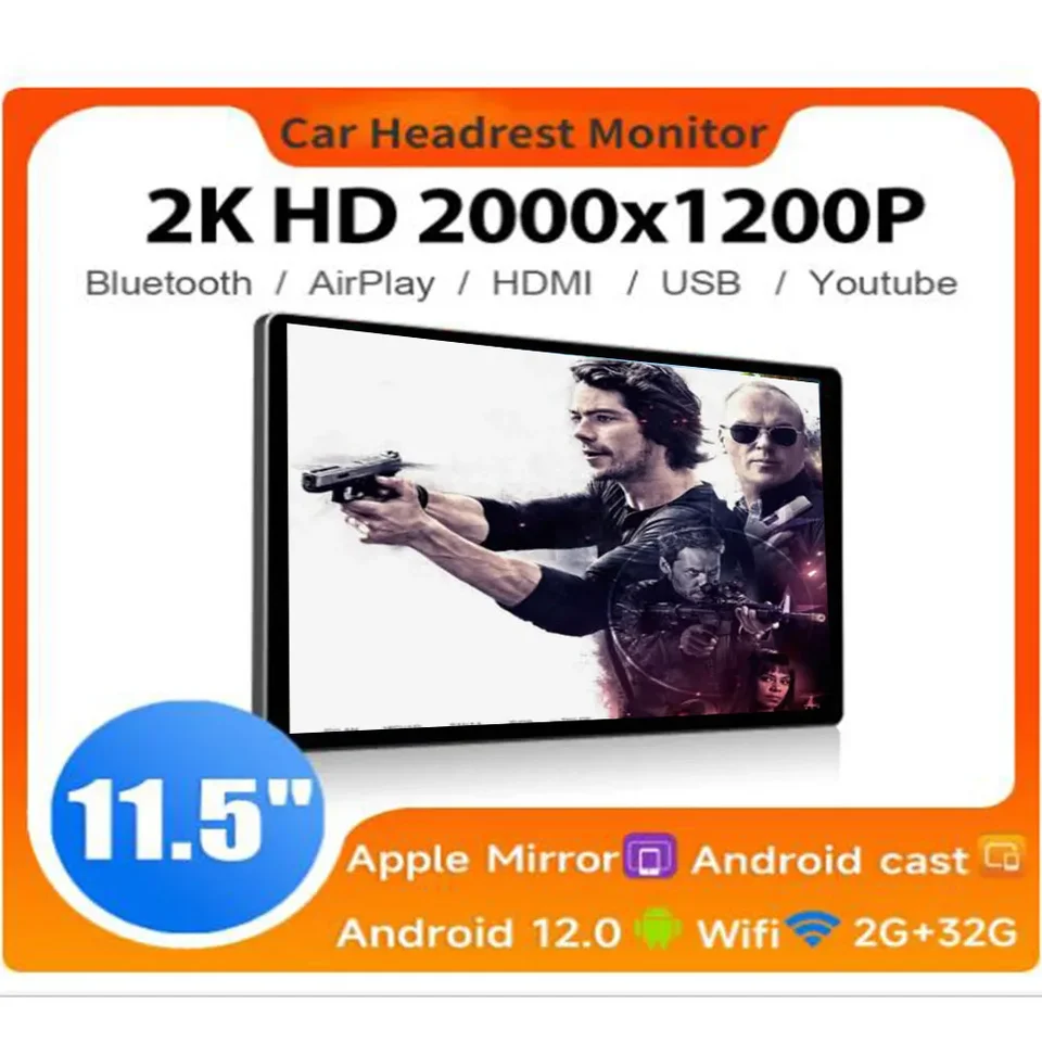 Monitor hlavy displej IPS Android 12 4+64G Tablet Touch Screen Screen pre zadné sedadlá Video hudba FM Bluetooth Airplay HDMI
