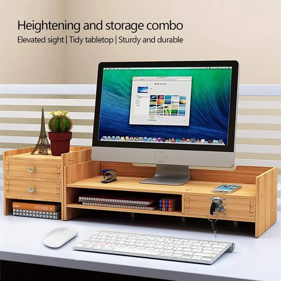 Monitor Stand Desk Monitor Stojan s tromi zásuvkami držiaka na zaťaženie kapacity 5 kg Organizátor Drevené stolné počítače pre notebook s monitorom PC Monitor