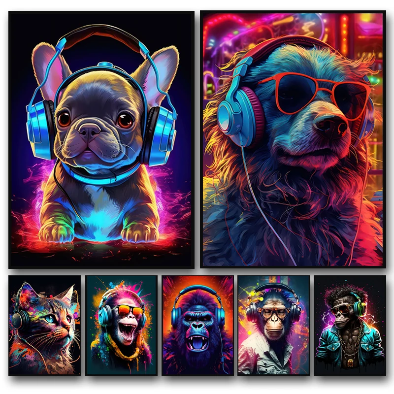Monkey Cat Dog pre slúchadlá DJ Hudba plagát plátno tlač Abstrakt graffiti maľba zvierat Obrázok internetový bar