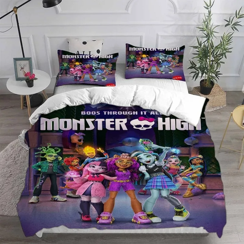 Monster High Cover Sets, Anime Kawaii Dievčatá Duvet Bed Bed Linen Set, 3D posteľná súprava, 3-dielna1 posteľ, kráľa veľkosti