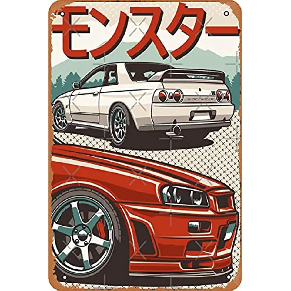 Monster Skyline GTR R32 & R34 Plagát kovová plechová značka 8 x 12 Vintage retro muža jaskynná stena dekorácie