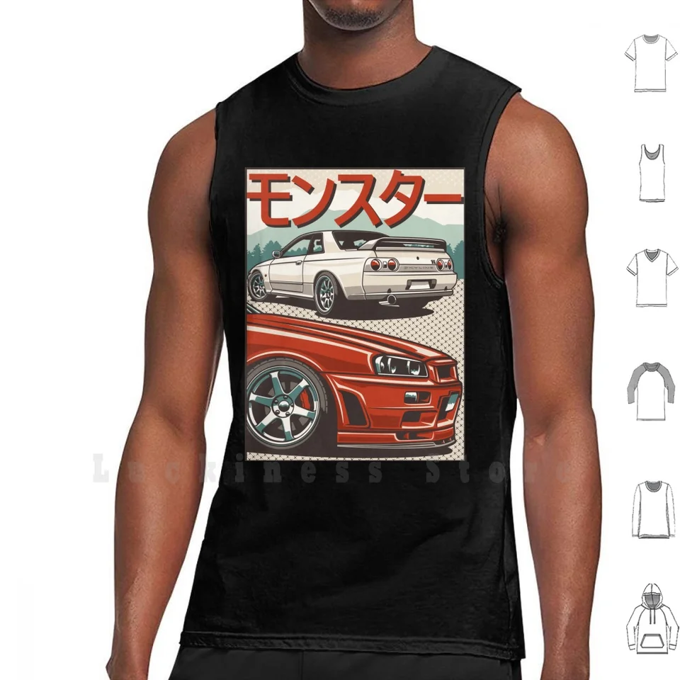 Monster Skyline GTR R32 &; R34 Tank Tops Vieď 100% bavlnené autá automobilový automobilový postoj SportCar Japan Drift Legend