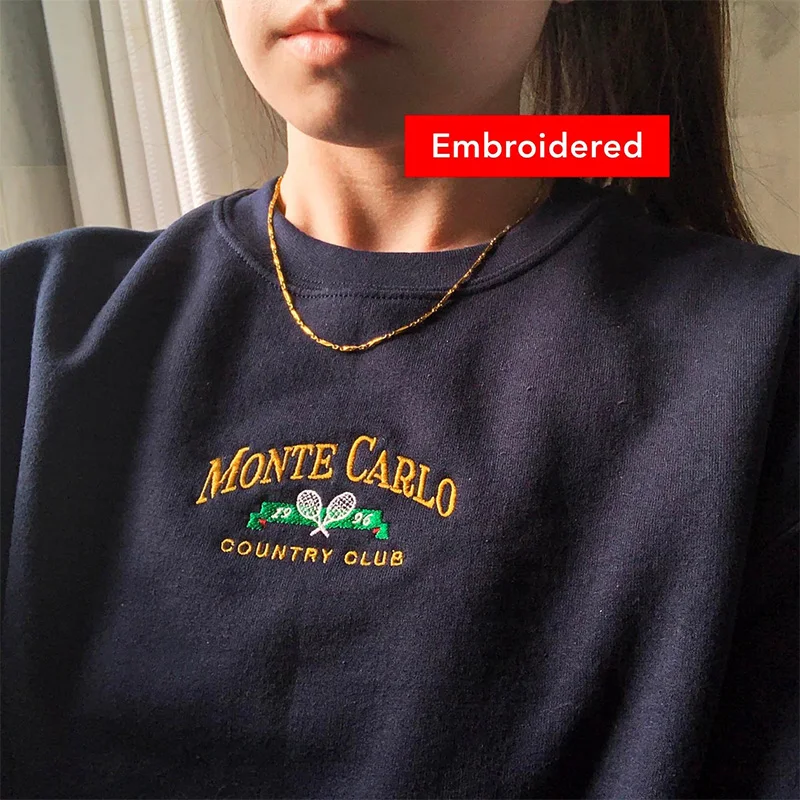 Monte Carlo Country Clubs Listy vyšívacie tlač Vinobranie mikiny unisex posádka voľný hustý fleece jesenný pullover