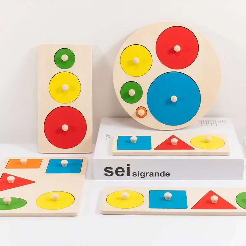 Montessori detské hádanky, drevený tvar a farebná doska na škrabanie rúk, geometrické kognitívne hračky v ranom vzdelávaní